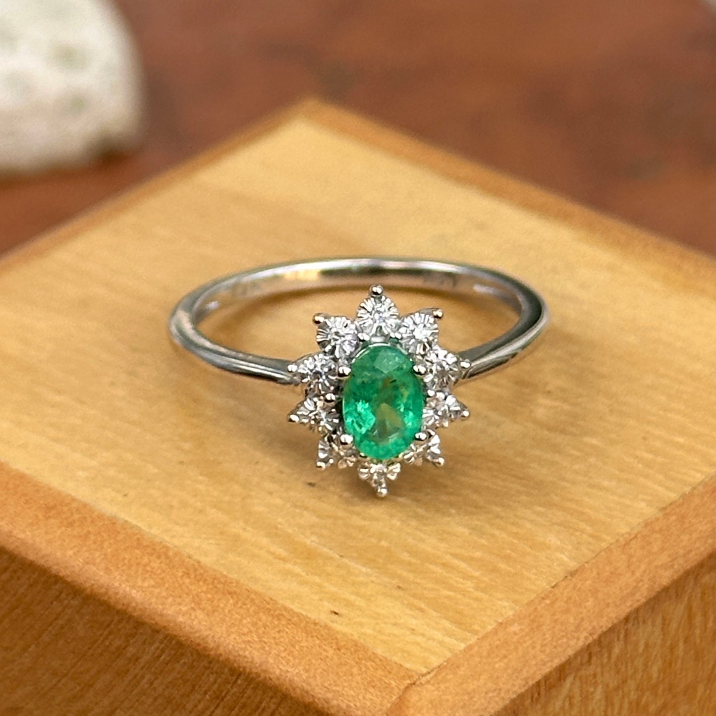 Estate  14KT White Gold Oval Emerald + Diamond Halo Ring