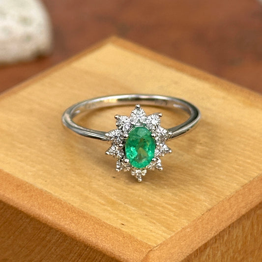 Estate  14KT White Gold Oval Emerald + Diamond Halo Ring