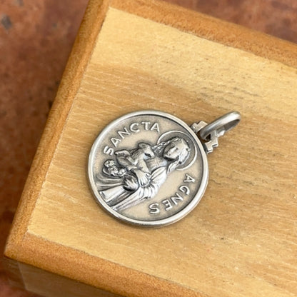 Sterling Silver Antiqued St Agnes of Rome Round Medal Pendant 18mm