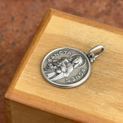 Sterling Silver Antiqued St Agnes of Rome Round Medal Pendant 18mm