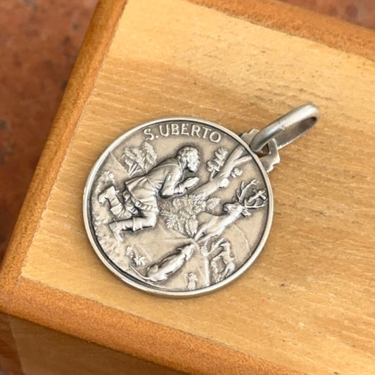 Sterling Silver Antiqued St Uberto Round Medal Pendant 18mm
