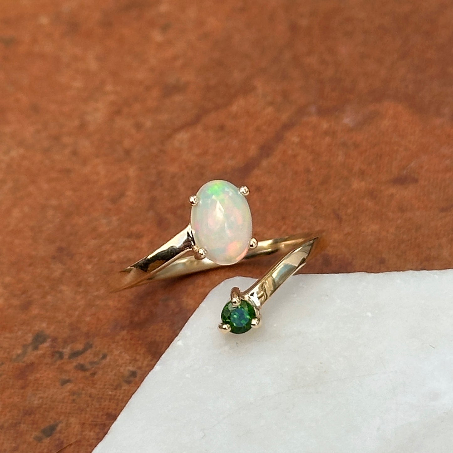 Estate 14KT Yellow Gold Opal + Green Chrome Diopside Ring