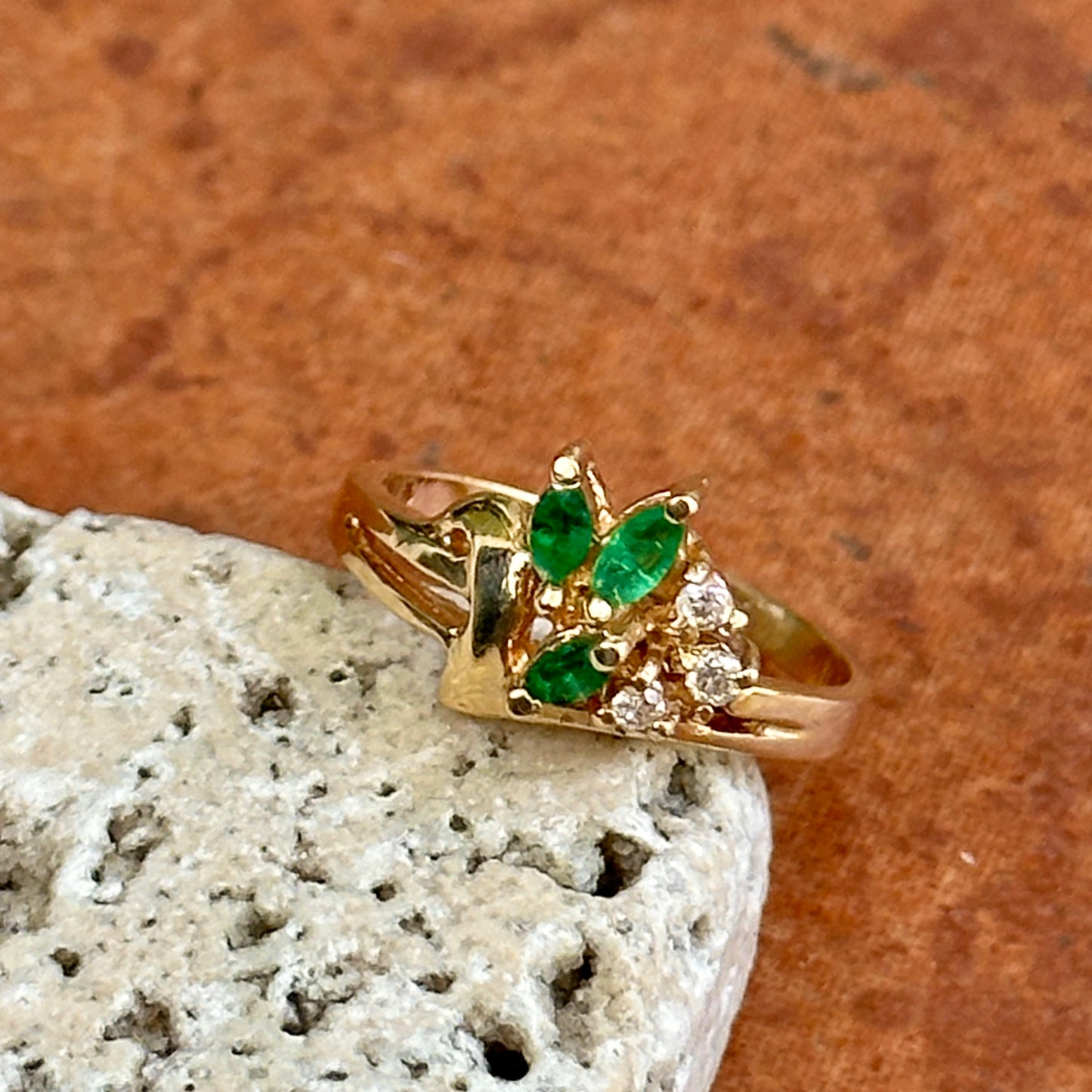 Estate 14KT Yellow Gold Marquise Emerald + Diamond Cluster Ring