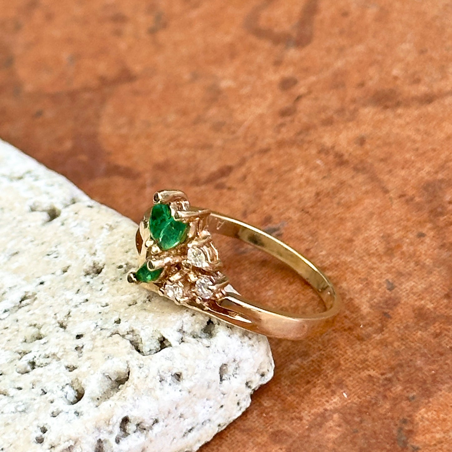 Estate 14KT Yellow Gold Marquise Emerald + Diamond Cluster Ring