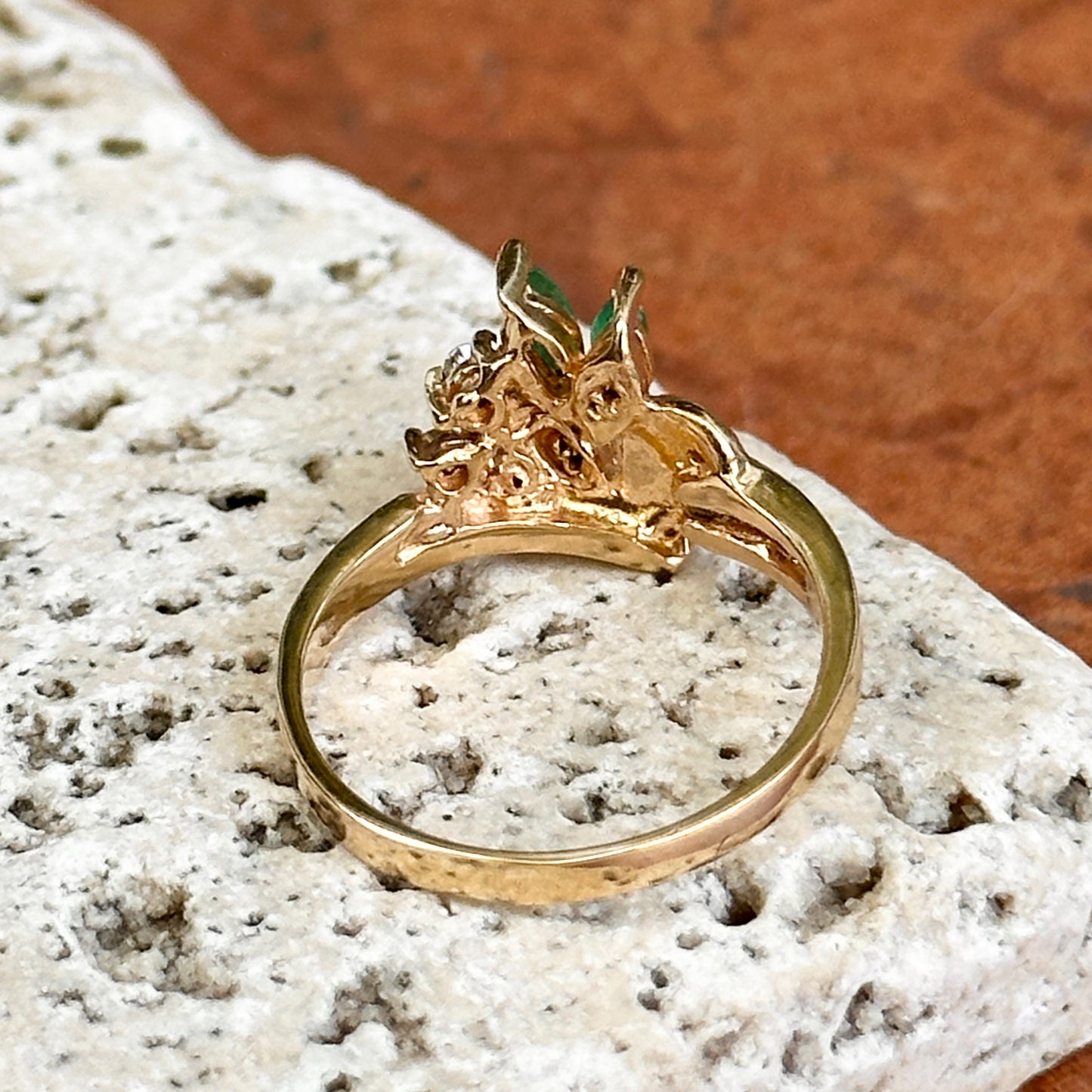 Estate 14KT Yellow Gold Marquise Emerald + Diamond Cluster Ring