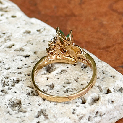 Estate 14KT Yellow Gold Marquise Emerald + Diamond Cluster Ring