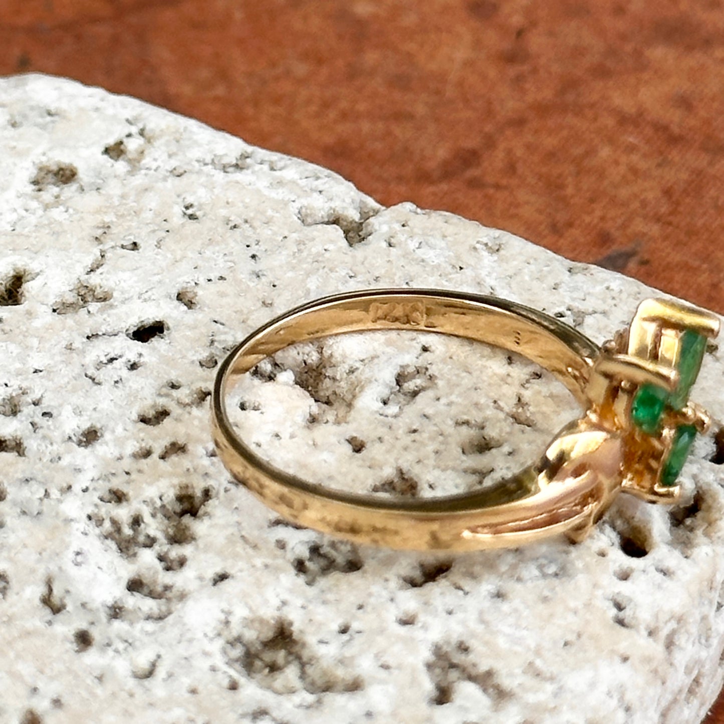 Estate 14KT Yellow Gold Marquise Emerald + Diamond Cluster Ring
