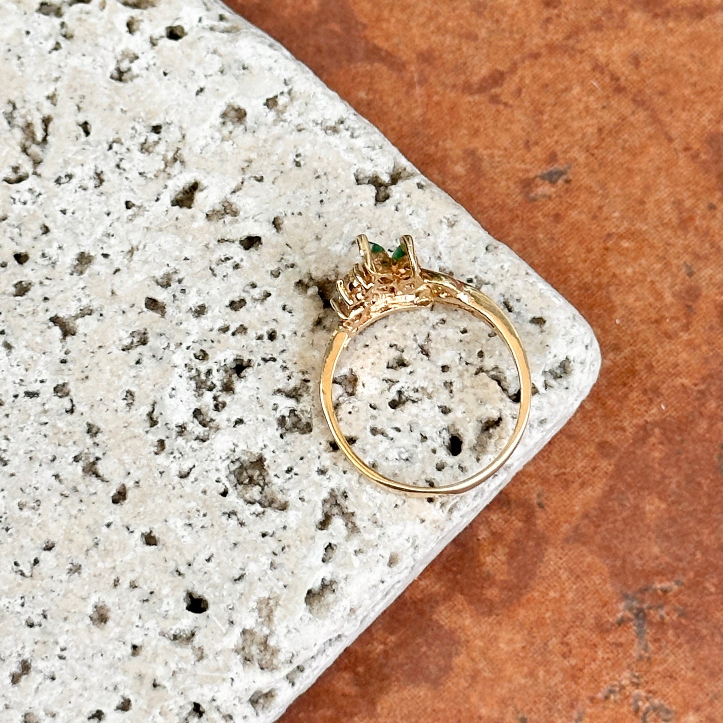 Estate 14KT Yellow Gold Marquise Emerald + Diamond Cluster Ring