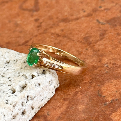 Estate 14KT Yellow Gold Oval Emerald + Diamond Cathedral Ring