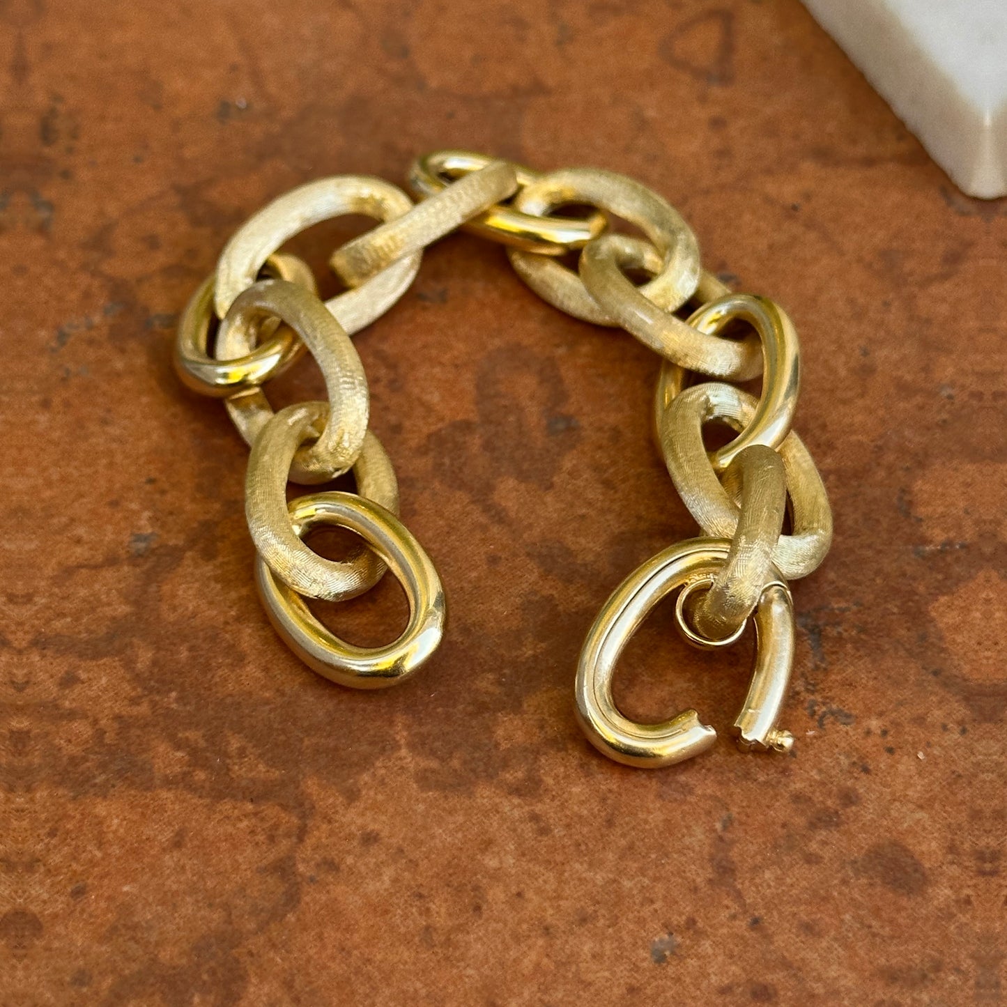 Estate 14KT Yellow Gold Matte Finish 13mm Rolo Chain Bracelet