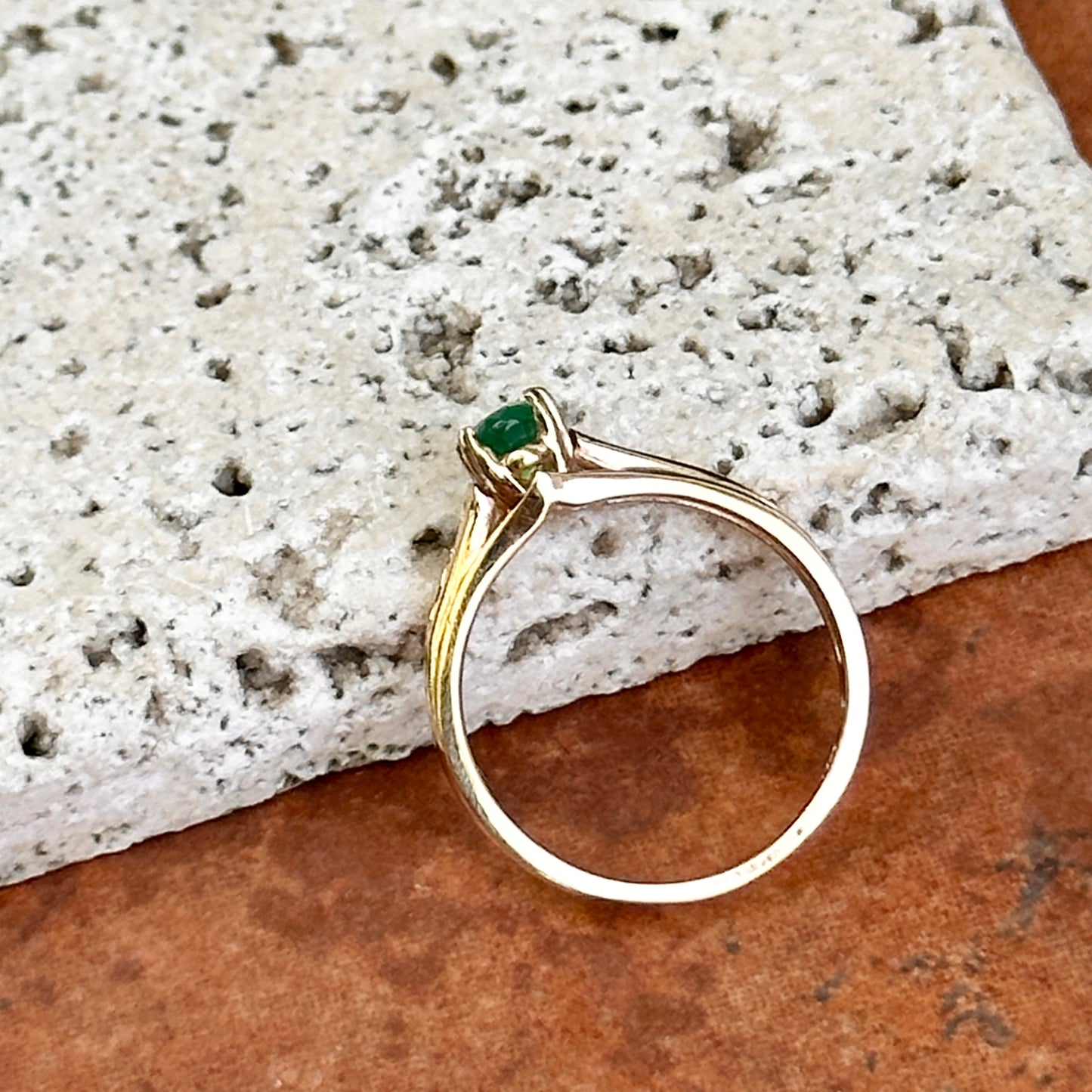 Estate 14KT Yellow Gold Oval Emerald + Diamond Cathedral Ring