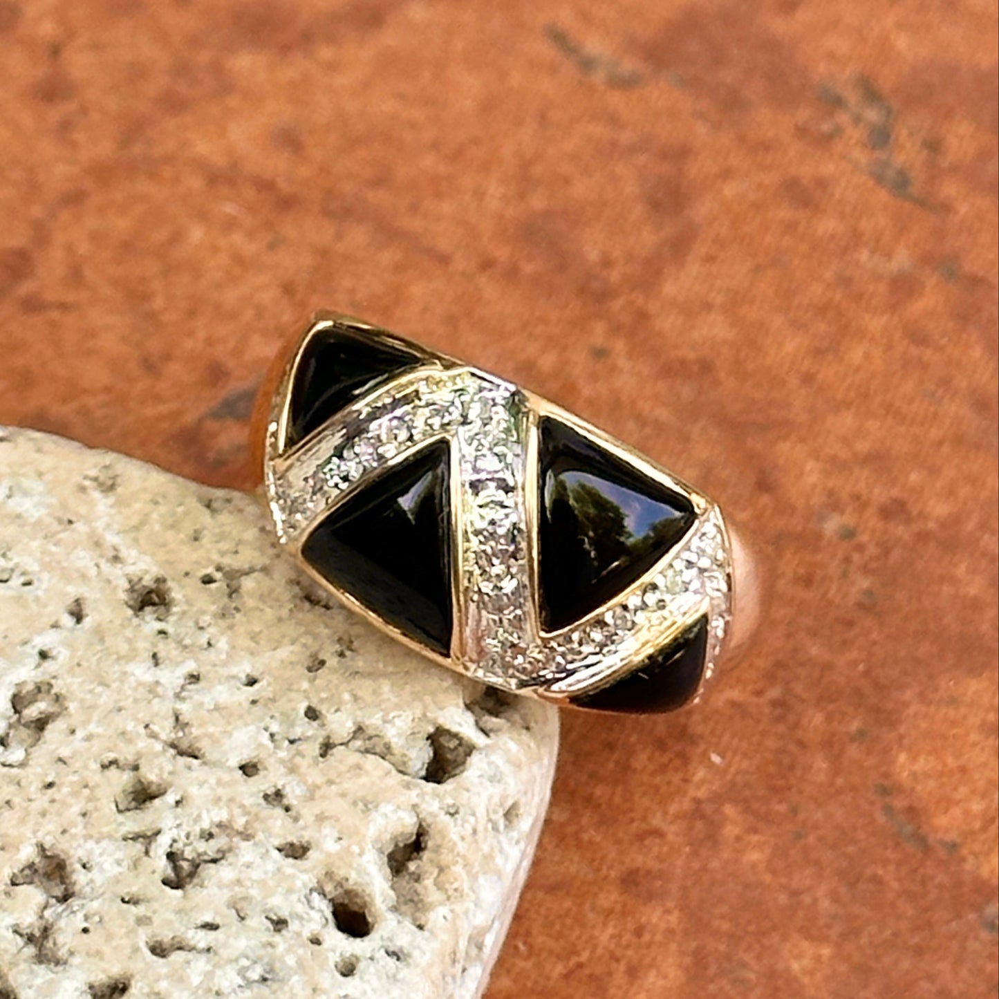 Estate 14KT Yellow Gold Domed Onyx + Diamond Ring