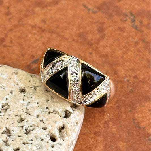 Estate 14KT Yellow Gold Domed Onyx + Diamond Ring