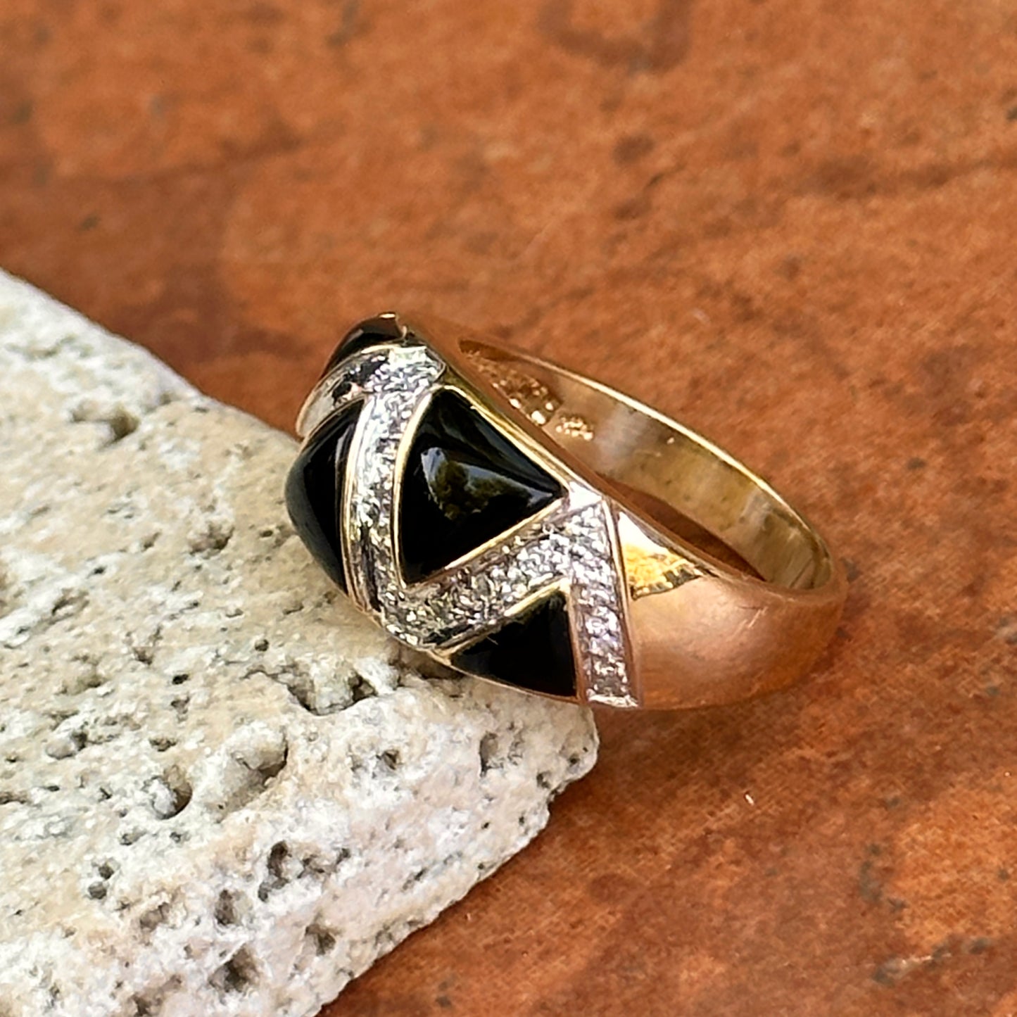 Estate 14KT Yellow Gold Domed Onyx + Diamond Ring