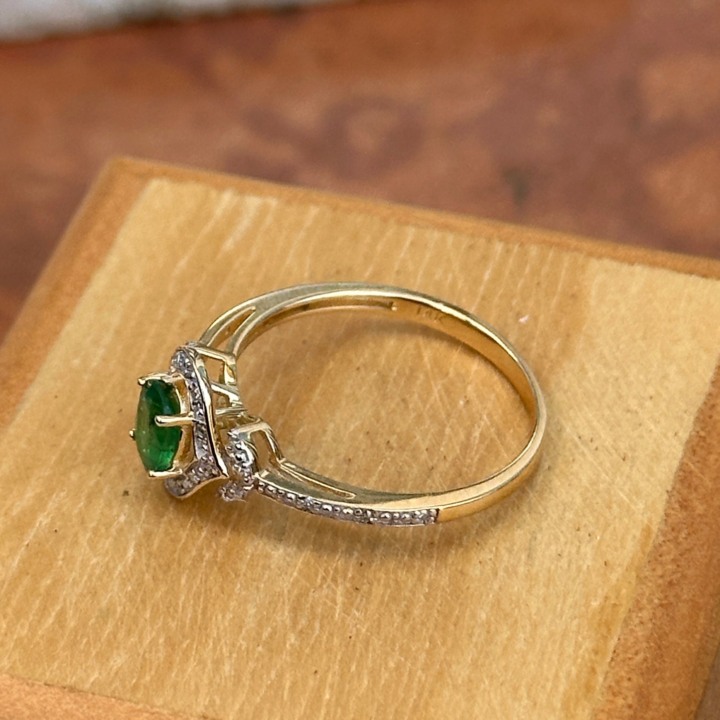 Estate 14KT Yellow Gold Oval Emerald + Round Diamond Halo Ring