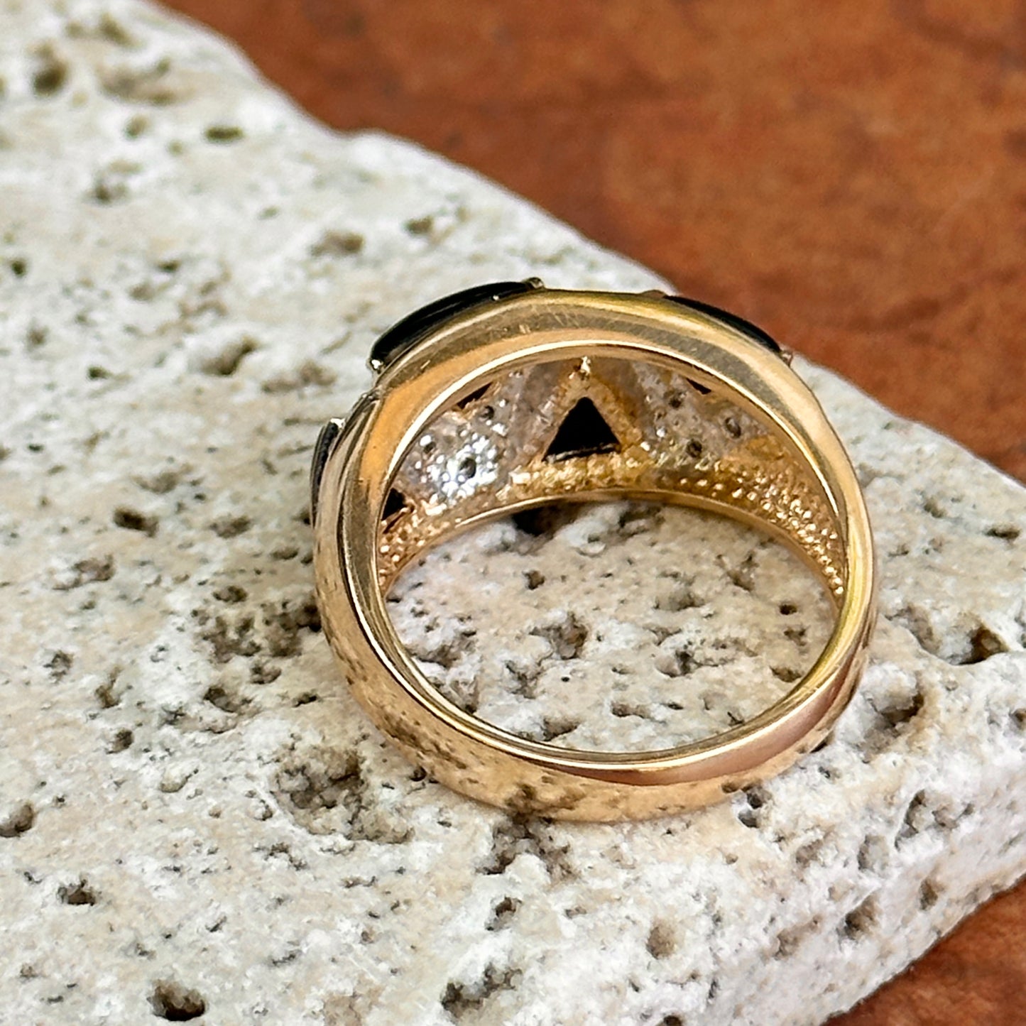 Estate 14KT Yellow Gold Domed Onyx + Diamond Ring