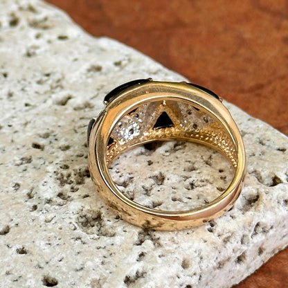 Estate 14KT Yellow Gold Domed Onyx + Diamond Ring