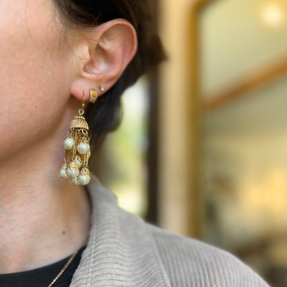 Estate Yellow Gold-Plated Round Pearl Bead Chandelier Dangle Drop Earrings