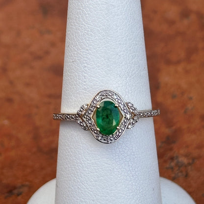 Estate 14KT Yellow Gold Oval Emerald + Round Diamond Halo Ring