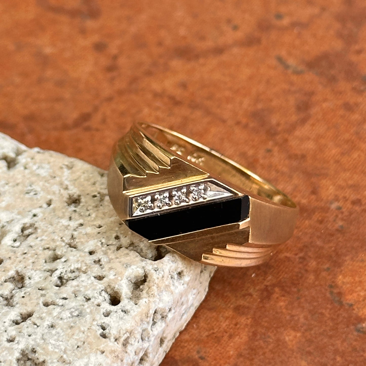 Estate 10KT Yellow and White Gold Onyx + Diamond Square Ring