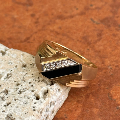 Estate 10KT Yellow and White Gold Onyx + Diamond Square Ring