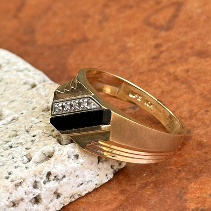 Estate 10KT Yellow and White Gold Onyx + Diamond Square Ring