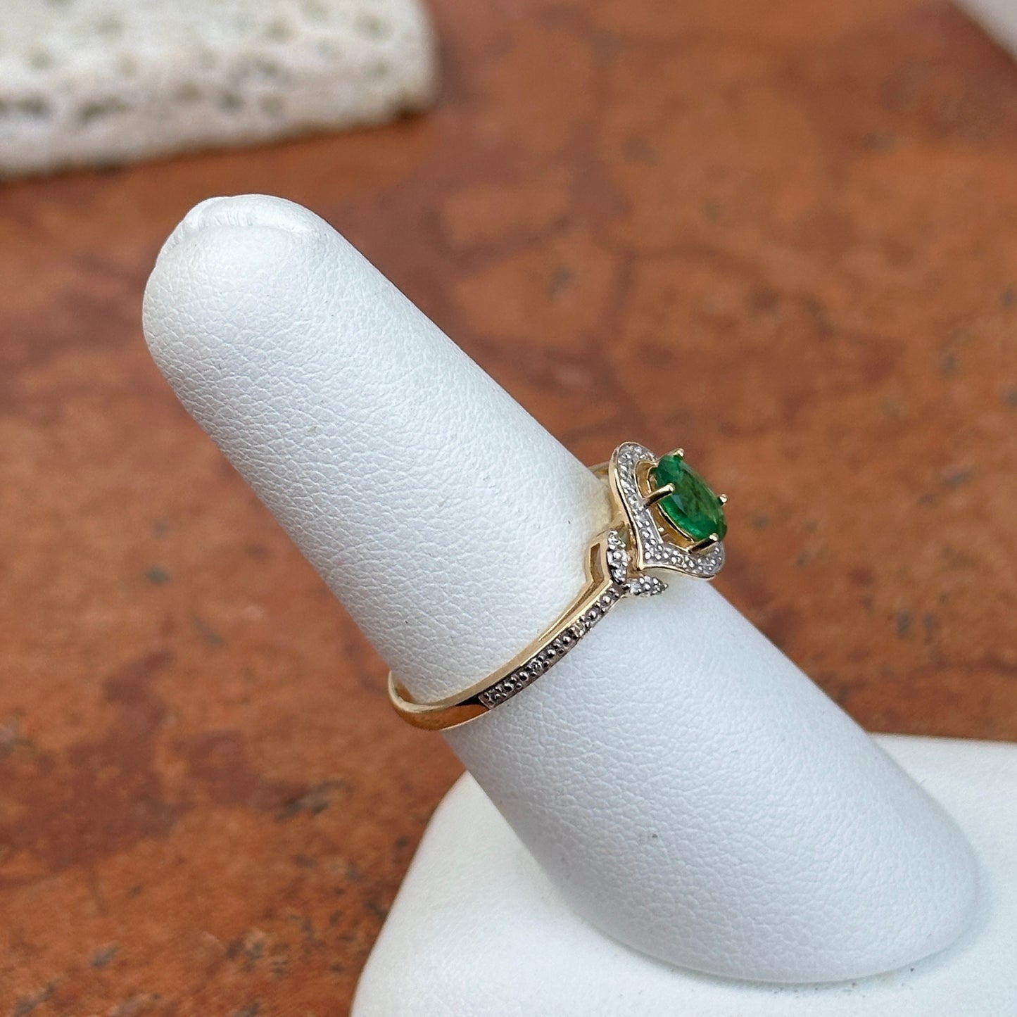 Estate 14KT Yellow Gold Oval Emerald + Round Diamond Halo Ring