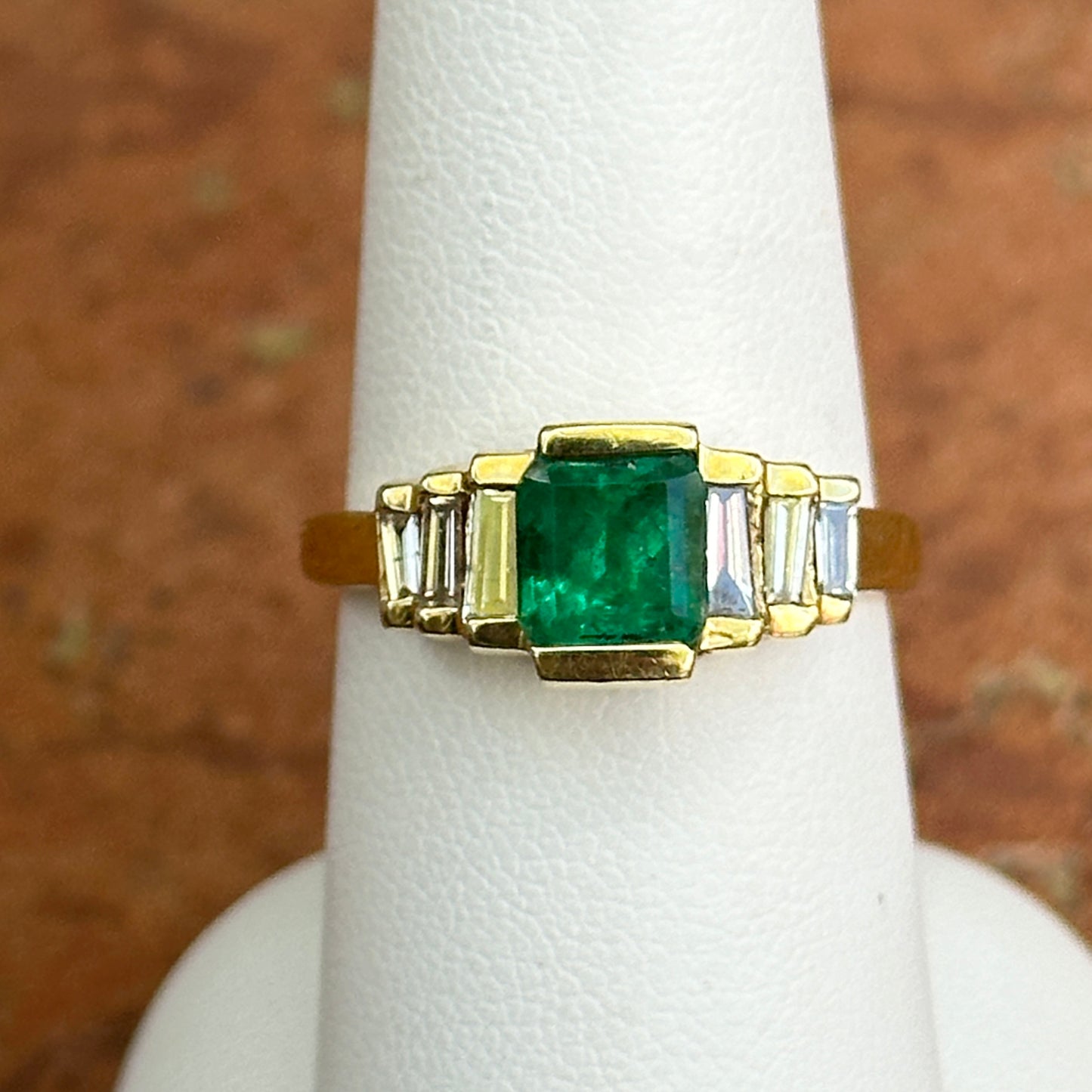 Estate 14KT Yellow Gold Emerald-Cut Emerald + Baguette Diamond Ring