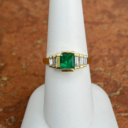 Estate 14KT Yellow Gold Emerald-Cut Emerald + Baguette Diamond Ring