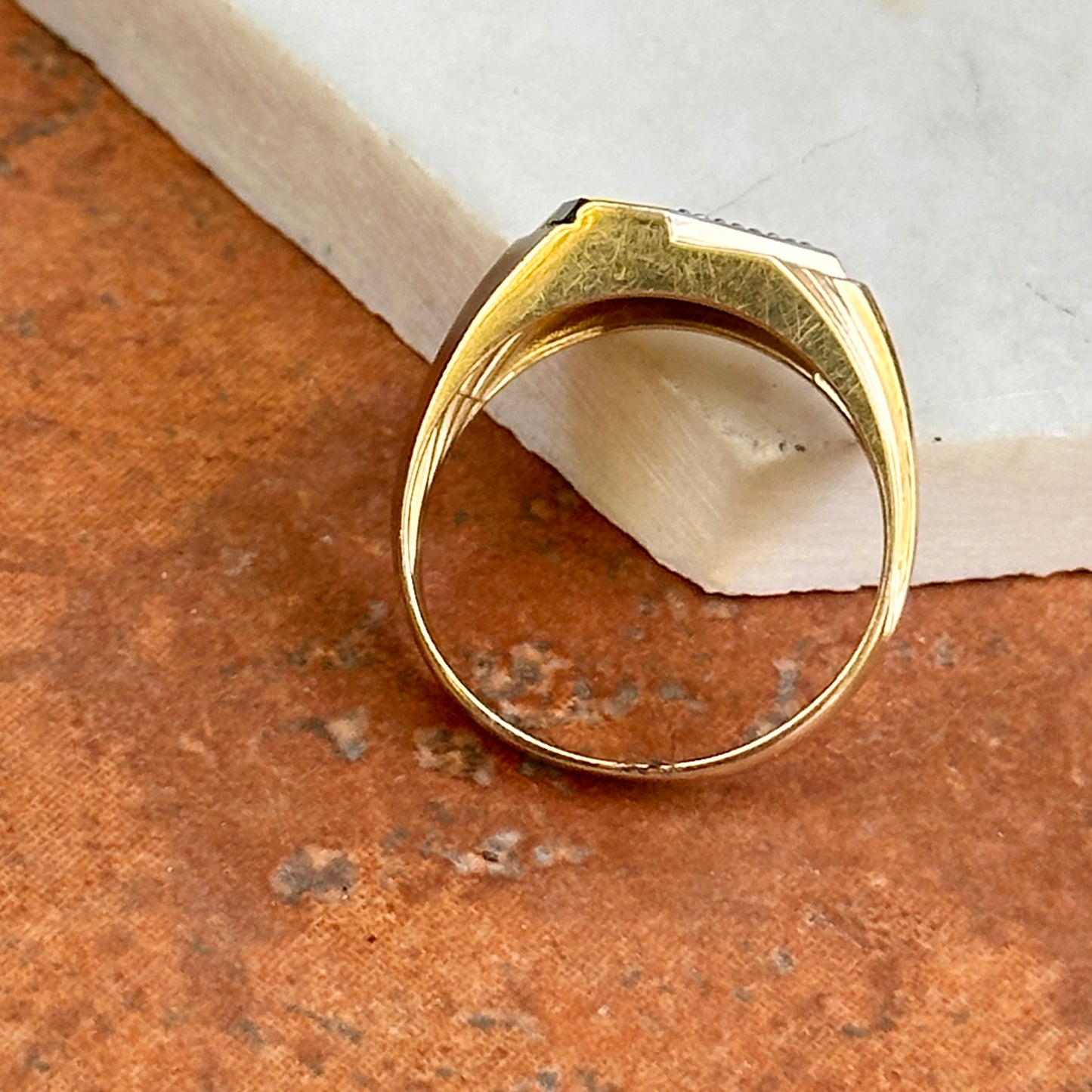 Estate 10KT Yellow and White Gold Onyx + Diamond Square Ring