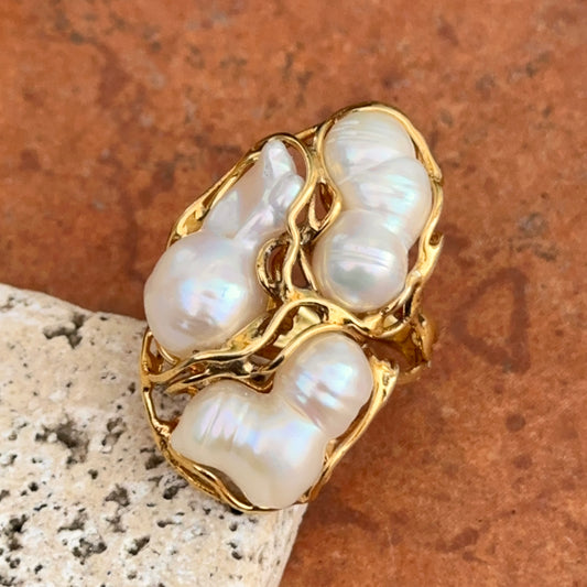 Yellow Gold-Plated Three Large White Freshwater Pearl Ring Size 8
