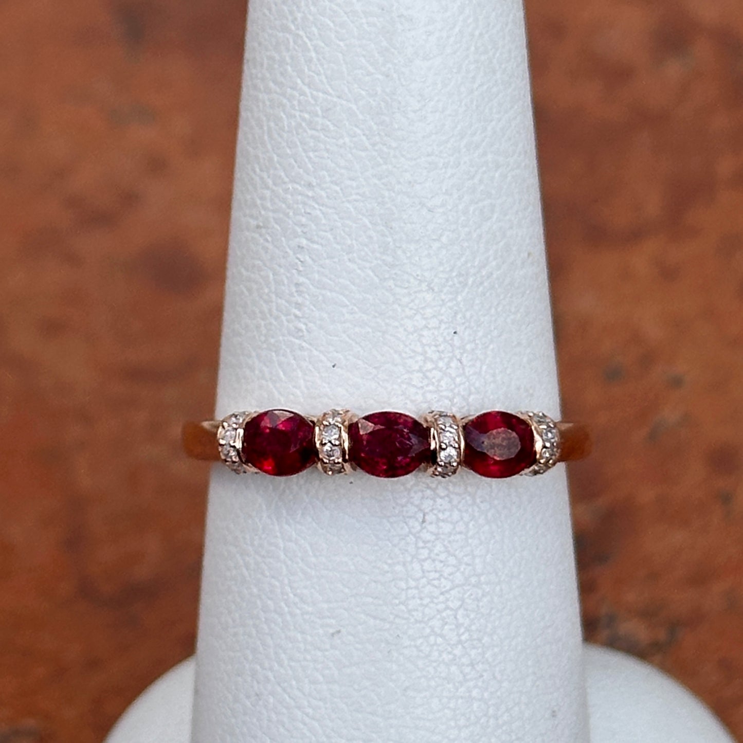 Estate 14KT Rose Gold Red Ruby + Diamond Ring