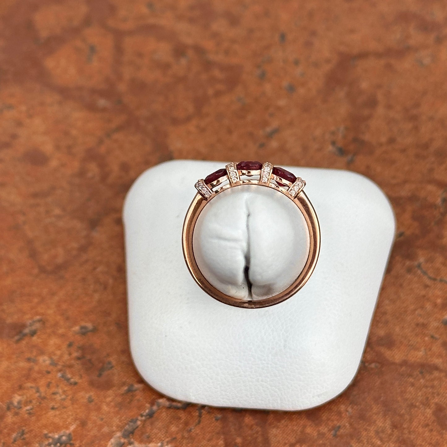 Estate 14KT Rose Gold Red Ruby + Diamond Ring