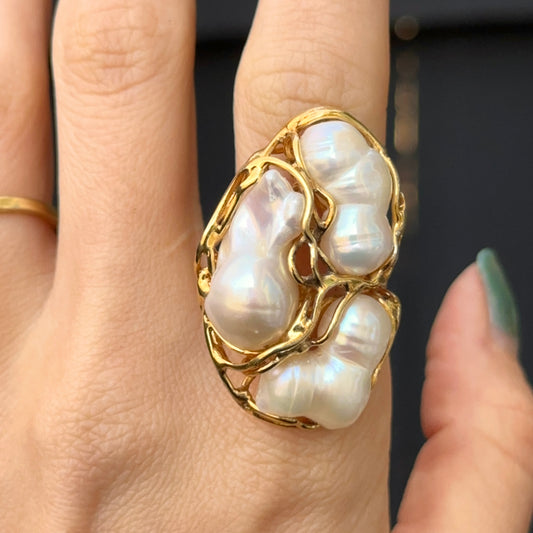 Yellow Gold-Plated Three Large White Freshwater Pearl Ring Size 8