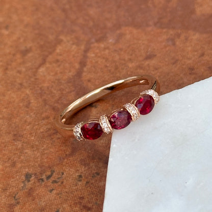 Estate 14KT Rose Gold Red Ruby + Diamond Ring