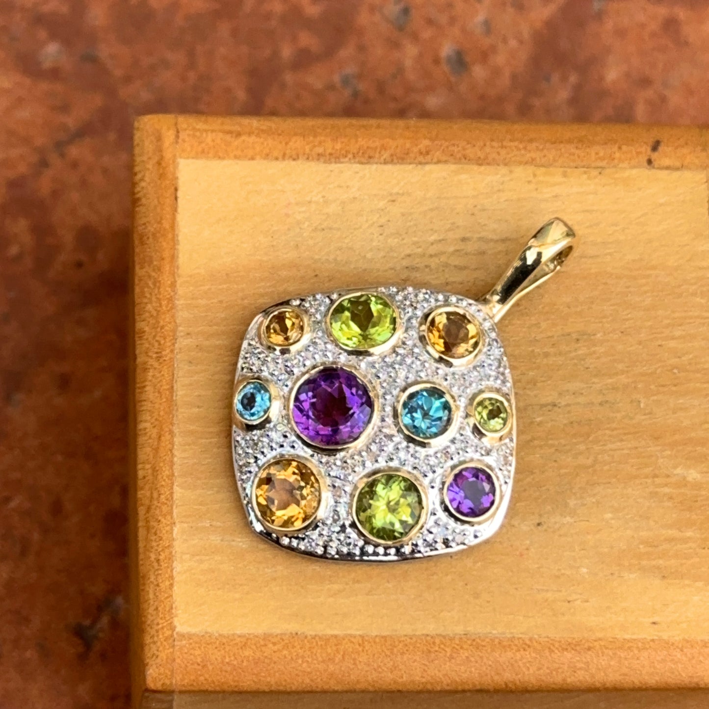 Estate 14KT Yellow + White Gold Round Citrine Amethyst Blue Topaz Textured Pendant Enhancer
