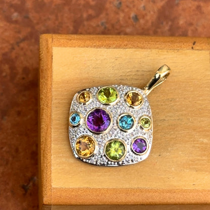 Estate 14KT Yellow + White Gold Round Citrine Amethyst Blue Topaz Textured Pendant Enhancer
