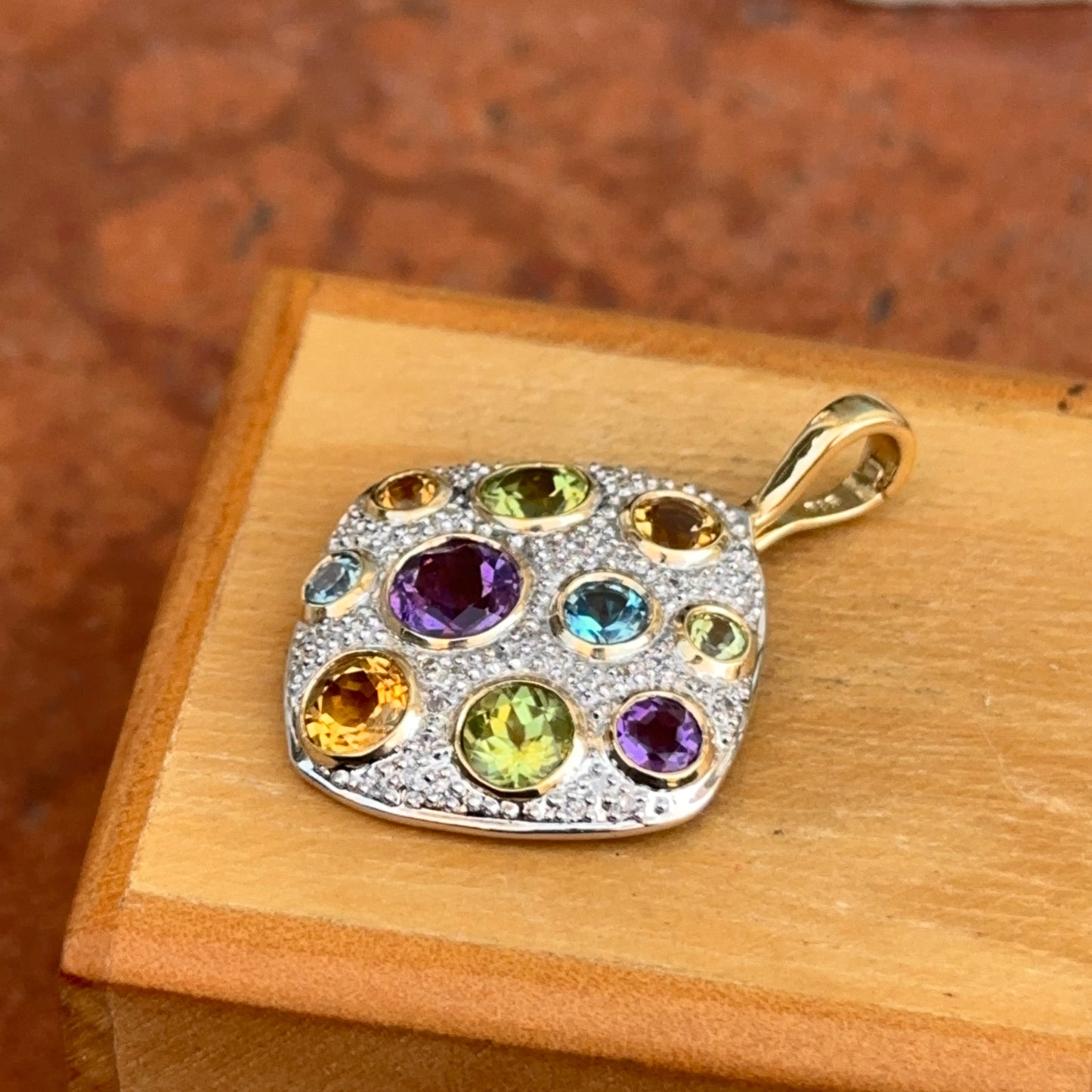 Estate 14KT Yellow + White Gold Round Citrine Amethyst Blue Topaz Textured Pendant Enhancer