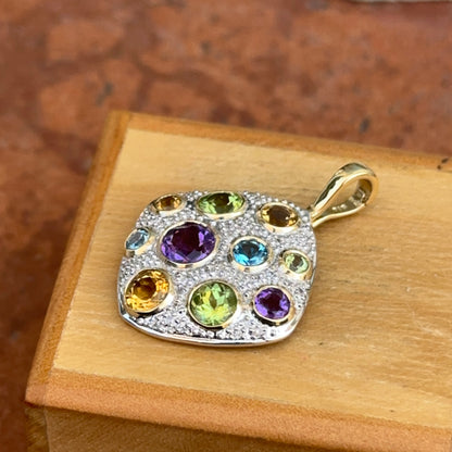 Estate 14KT Yellow + White Gold Round Citrine Amethyst Blue Topaz Textured Pendant Enhancer