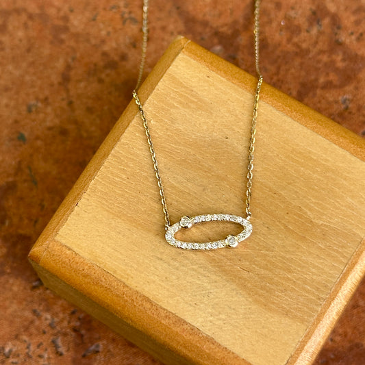 14KT Yellow Gold Round Diamond Oval Pave + Bezel Set Necklace