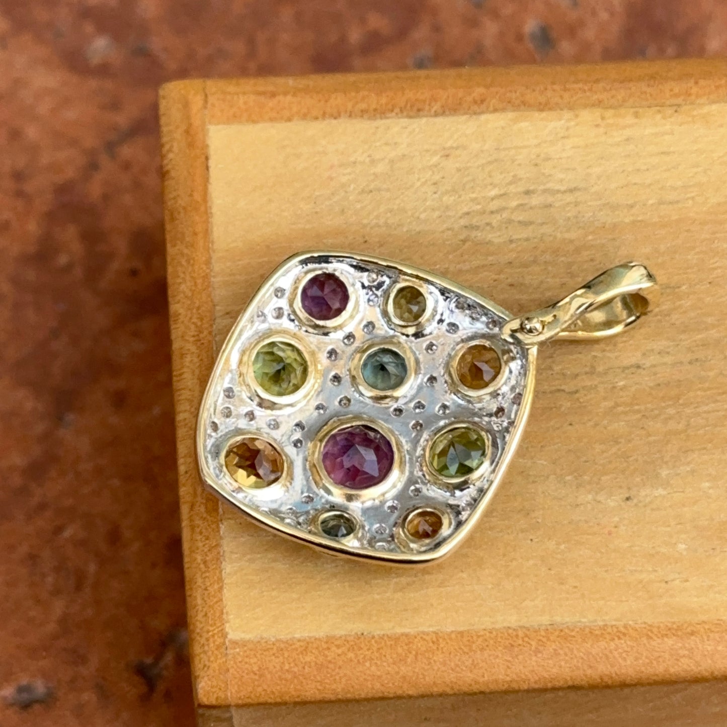 Estate 14KT Yellow + White Gold Round Citrine Amethyst Blue Topaz Textured Pendant Enhancer