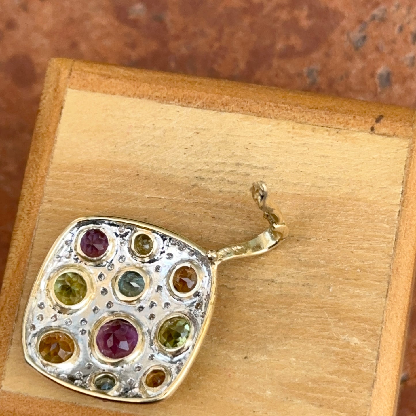 Estate 14KT Yellow + White Gold Round Citrine Amethyst Blue Topaz Textured Pendant Enhancer