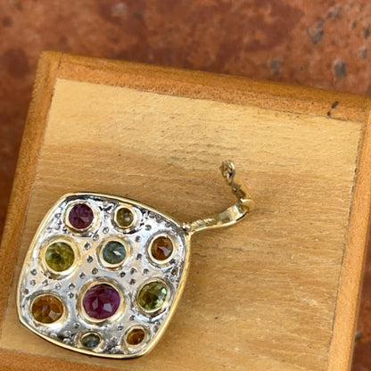 Estate 14KT Yellow + White Gold Round Citrine Amethyst Blue Topaz Textured Pendant Enhancer
