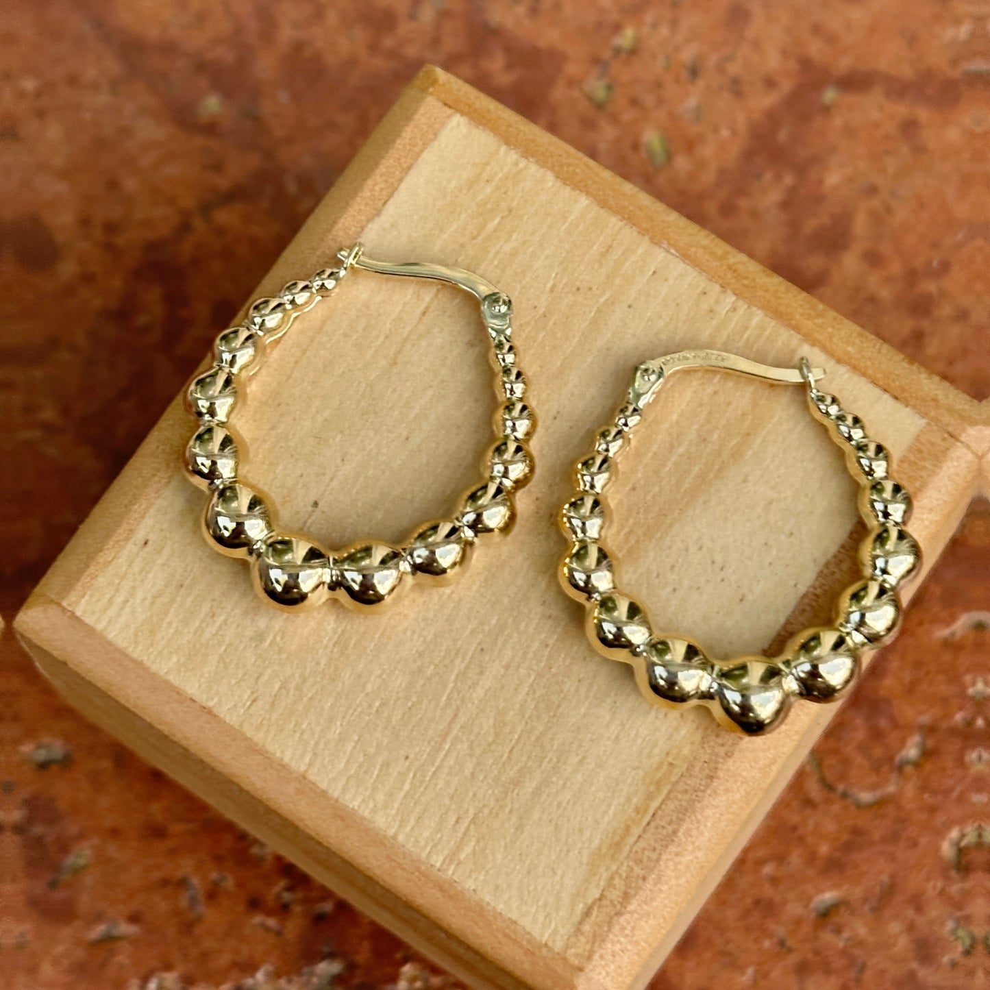 14KT Yellow Gold Graduated Puffed Bead Hoop Earrings 25mm