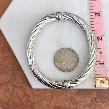 Sterling Silver Shiny 8mm Round Twisted Textured Hinged Bangle Bracelet