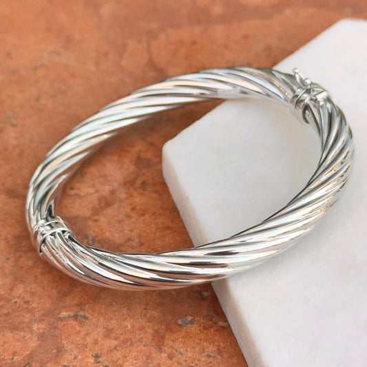 Sterling Silver Shiny 8mm Round Twisted Textured Hinged Bangle Bracelet