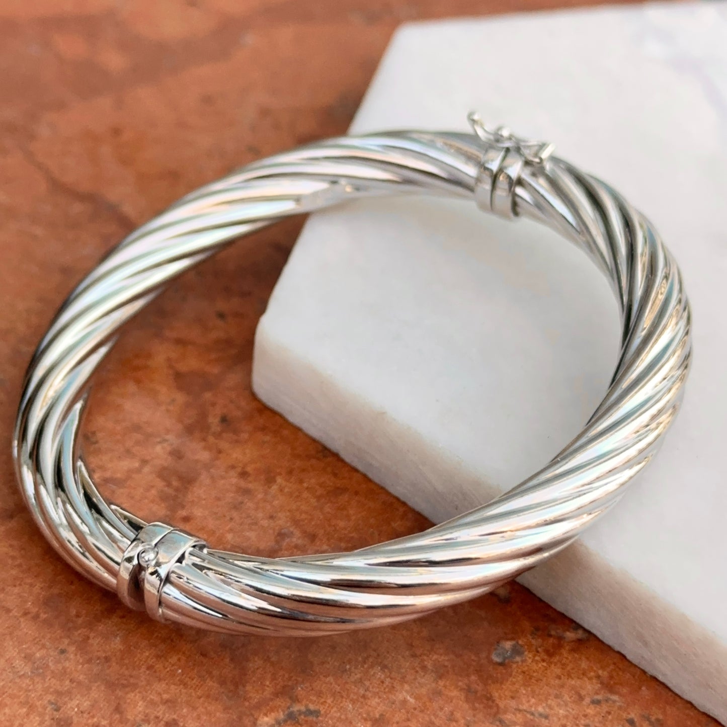 Sterling Silver Shiny 8mm Round Twisted Textured Hinged Bangle Bracelet