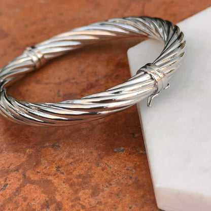 Sterling Silver Shiny 8mm Round Twisted Textured Hinged Bangle Bracelet