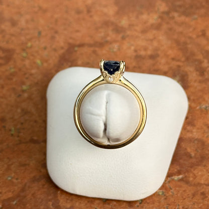 14KT Yellow Gold Oval 1.50 CT Blue Sapphire + Hidden Halo Diamond Ring