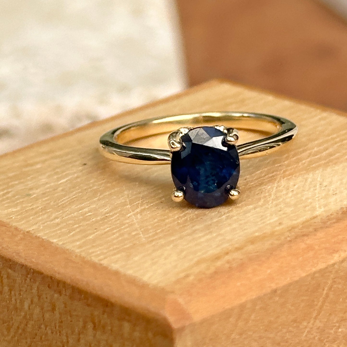 14KT Yellow Gold Oval 1.50 CT Blue Sapphire + Hidden Halo Diamond Ring